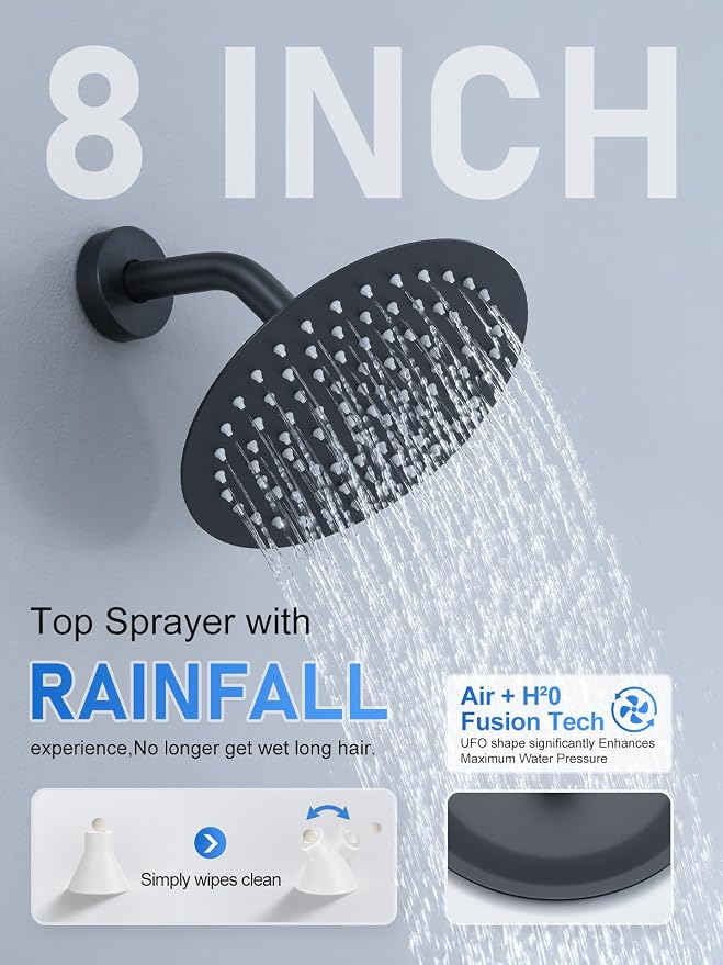 Woindo Shower Faucet Set 10" Rain Shower Head/8'' Side Shower Head and 3 Setting Handheld Ceiling Mount 3 Push Button Diverter Complete Rainfall Round Shower System Included Valve Trim Kit