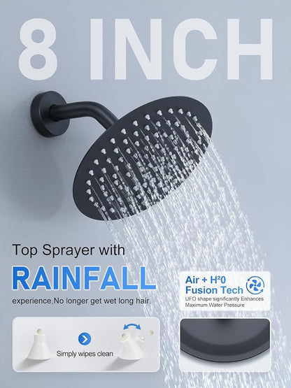 Woindo Shower Faucet Set 10" Rain Shower Head/8'' Side Shower Head and 3 Setting Handheld Ceiling Mount 3 Push Button Diverter Complete Rainfall Round Shower System Included Valve Trim Kit