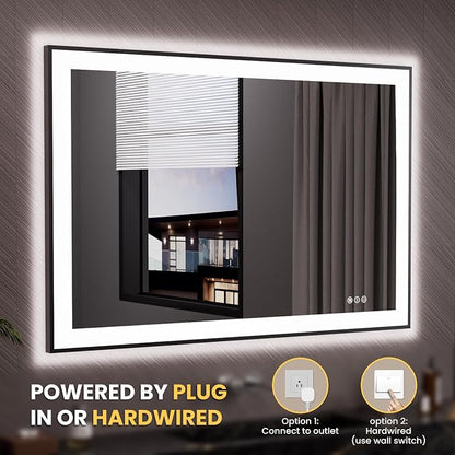 LOAAO 48"X32" LED Bathroom Mirror Black Framed | Anti-Fog, Dimmable, Memory Function, Tempered Glass, Lighted Vanity Mirror for Wall