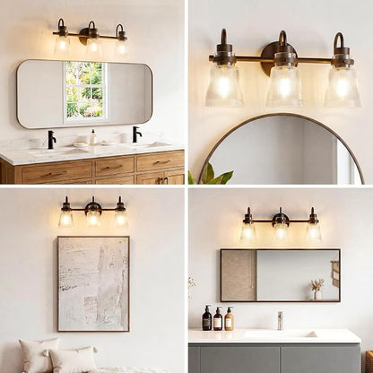 3-Light Bathroom Vanity Light, Farmhouse Bathroom Light Fixture with Clear Striped Glass Shade, 18.8 Inch Oil Rubbed Bronze Wall Sconce Lighting Over Mirror for Bedroom Hallway Cabinet