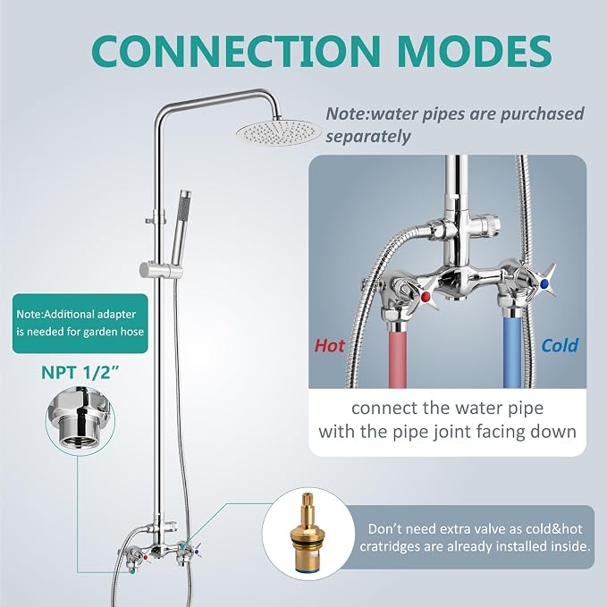 Aolemi Outdoor Shower Kit,8 Inch Rain Head and Handheld,Polish Chrome | 2-Handle Hot and Cold Control, Adjustable Height, 6-Inch Center Valve, 59-Inch Hose, Winter Drainage Outdoor Shower Fixtures