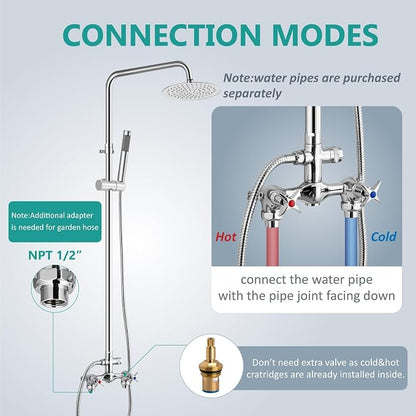Aolemi Outdoor Shower Kit,8 Inch Rain Head and Handheld,Polish Chrome | 2-Handle Hot and Cold Control, Adjustable Height, 6-Inch Center Valve, 59-Inch Hose, Winter Drainage Outdoor Shower Fixtures