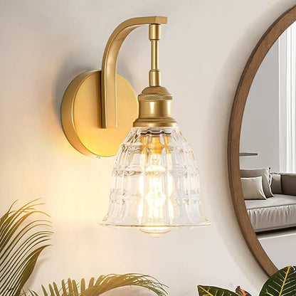 Gold Bathroom Wall Sconce, 1-Light Modern Brushed Gold Sconce Light Fixture | with Clear Glass Shade, Vintage Farmhouse Hardwired Wall Mount Lighting for Mirror Bedroom Hallway Kitchen Living Room