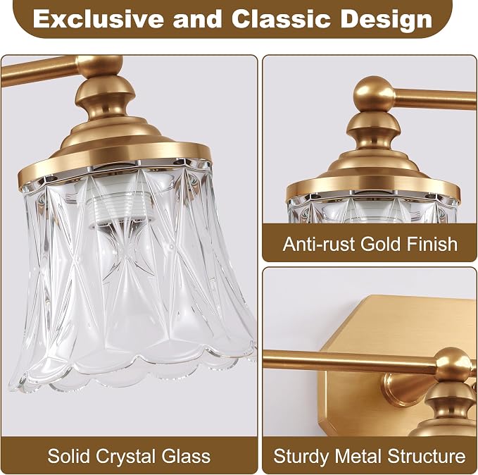 Vintage 4-Light Gold Bathroom Vanity Light, Crystal Glass Shade | Antique Style, Brushed Gold Finish, Rust-resistant Metal, E26 Base, Over Mirror Wall Lighting for Bathroom Restroom