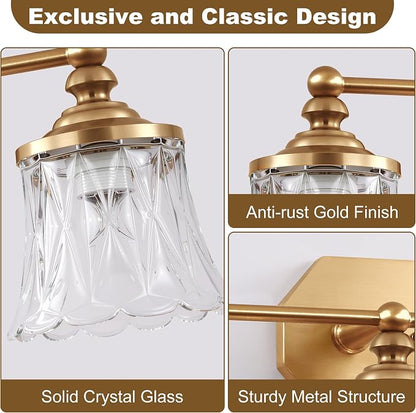 Vintage 4-Light Gold Bathroom Vanity Light, Crystal Glass Shade | Antique Style, Brushed Gold Finish, Rust-resistant Metal, E26 Base, Over Mirror Wall Lighting for Bathroom Restroom
