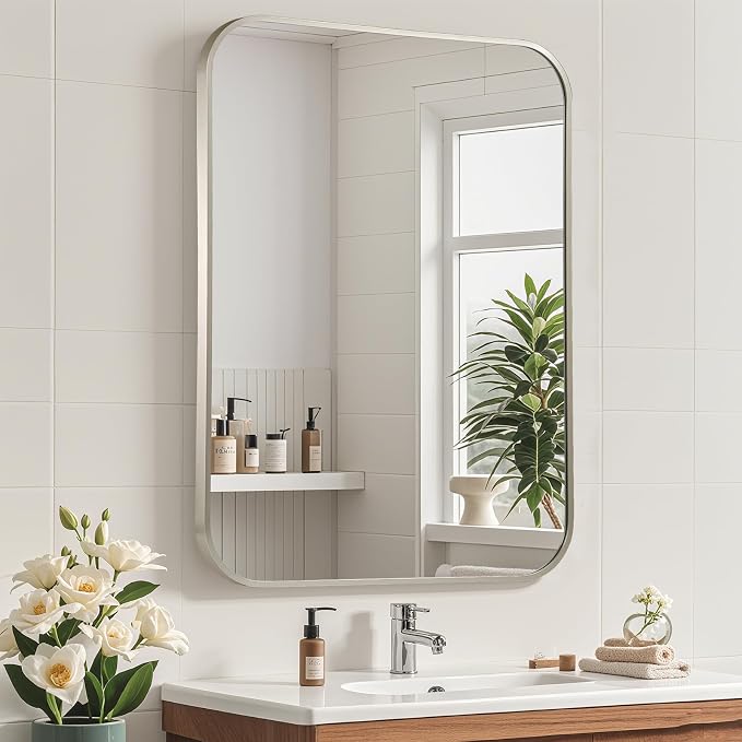 Brushed Nickel Mirror, 24"x32" Rectangle Bathroom Mirror, Metal Frame Rectangle Corner Vanity Mirror, Wall Mounted Mirror for Modern, Living Room, Bedroom, Horizontal Or Vertical