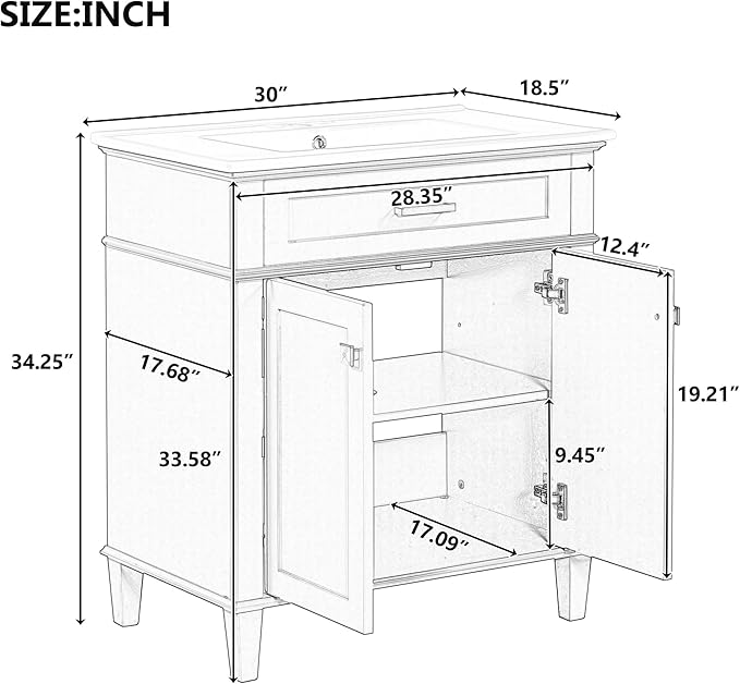 Favfurish 30" Bathroom Vanity with Ceramic Sink,Undermount Single Basin Bath Vanity Set w/2 Soft-Close Doors and Adjustable Shelf,Modern Freestanding Storage Cabinet,Solid Wood Frame,Black
