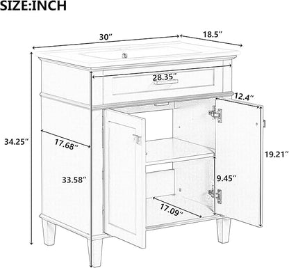 Favfurish 30" Bathroom Vanity with Ceramic Sink,Undermount Single Basin Bath Vanity Set w/2 Soft-Close Doors and Adjustable Shelf,Modern Freestanding Storage Cabinet,Solid Wood Frame,Black