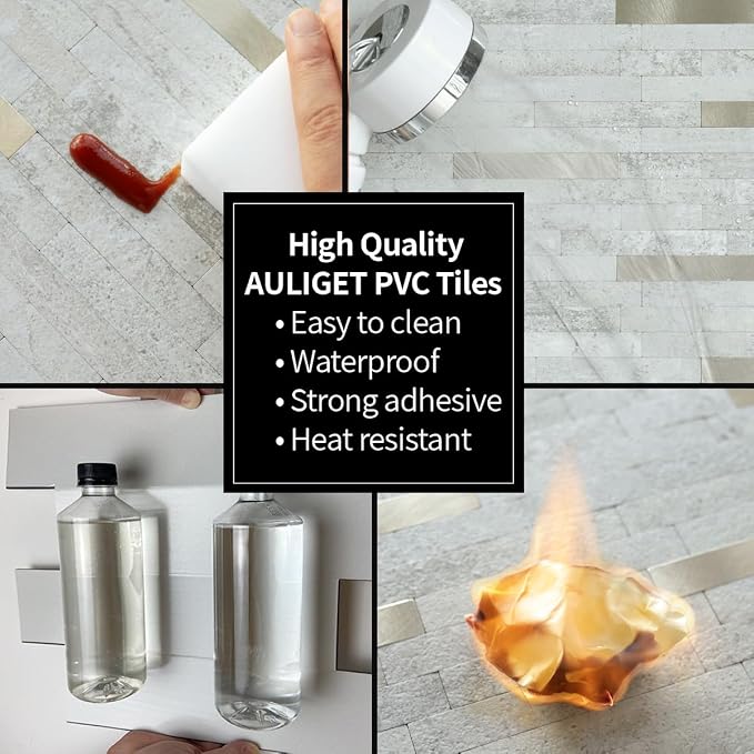 AULIGET 2 Sheets Faux Stone Peel and Stick Backsplash, Beige Stone Look PVC Wall Tile Stick on Backsplash for Kitchen and Bathroom