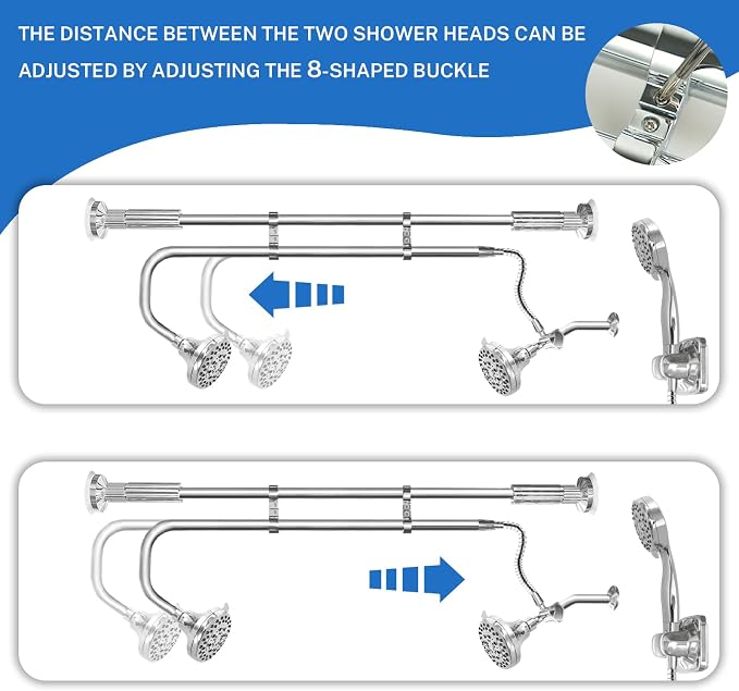 OURBAOFU Tandem Shower, Dual Shower Heads for Couples & Handheld head, Triple Shower Head System for Two People, High Pressure and Adjustable Double Shower Heads and Handheld Shower Head（Silver)