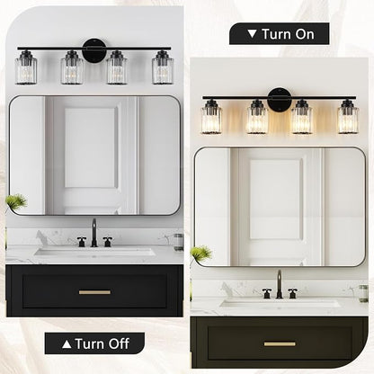 29.1" Black Vanity Light, 4-Light Bathroom Light Fixtures with Clear Crystal Shades, E26 Base Modern Black Wall Sconce, Vanity Lights for Bathroom Powder Room Bedroom Hallway