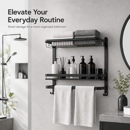 23 Inch Towel Rack for Bathroom with 3 Tier Shelf Double Bar Hook (Black) | 90 Degree Foldable Top Design, Wall Mounted Storage Shelf of 304 Stainless Steel, No Drill or Screw Installation