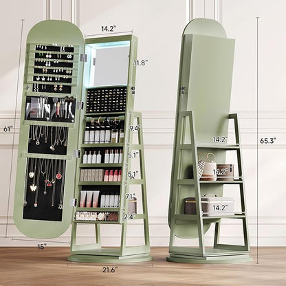 360° Swivel Jewelry Mirror Cabinet with Lights, Inside Makeup Mirror, Standing Jewelry Armoire Organizer, Rotatable Full-Length Mirror with Jewelry Storage, Lockable with Back Storage Shelves (Green)