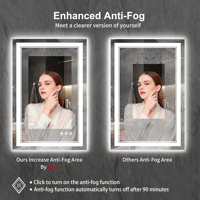 LED Mirror for Bathroom, 24x36 Inch Gradient Front and Backlight LED Bathroom Mirror, 3 Colors Dimmable CRI>90 Double Lights, Enhanced Anti-Fog, Hanging Plates Wall Mount Lighted Mirror