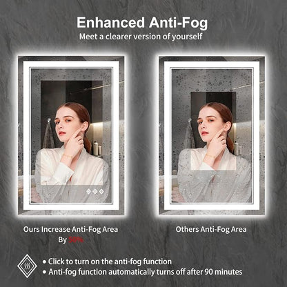 LED Mirror for Bathroom, 24x36 Inch Gradient Front and Backlight LED Bathroom Mirror, 3 Colors Dimmable CRI>90 Double Lights, Enhanced Anti-Fog, Hanging Plates Wall Mount Lighted Mirror