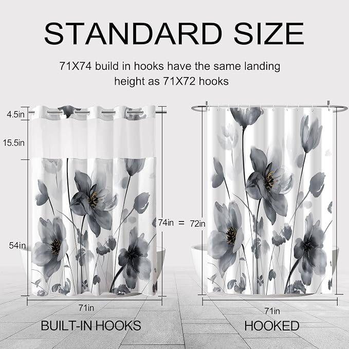 No Hook Shower Curtain and Liner Set, Black Boho Floral 71x74 | Watercolor Boho Flower, with Snap in Liner, Waterproof, Machine Washable, Quick-Drying, for Hotel Bathroom