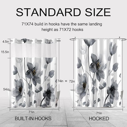 No Hook Shower Curtain and Liner Set, Black Boho Floral 71x74 | Watercolor Boho Flower, with Snap in Liner, Waterproof, Machine Washable, Quick-Drying, for Hotel Bathroom