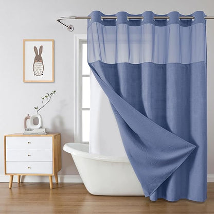 No Hook Waffle Shower Curtain with Snap-in Liner, 71x80 Inch,Moonlight Blue | 230 GSM waffle weave fabric, waterproof liner set with 2 bottom magnets, mesh top window, washable, for bathroom or hotel use