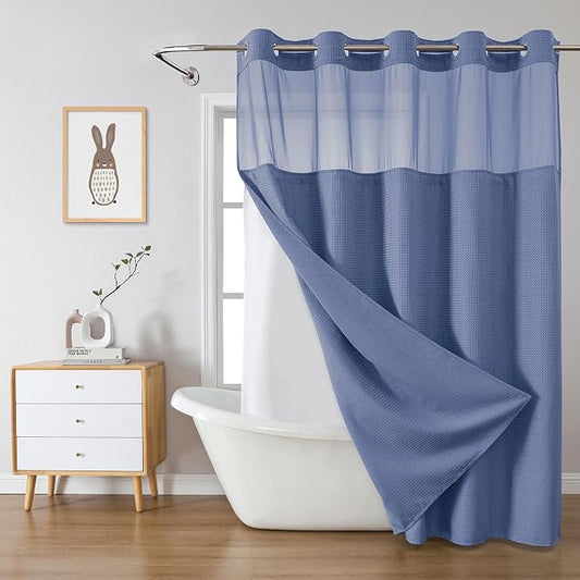 No Hook Waffle Shower Curtain with Snap-in Liner, 71x80 Inch,Moonlight Blue | 230 GSM waffle weave fabric, waterproof liner set with 2 bottom magnets, mesh top window, washable, for bathroom or hotel use