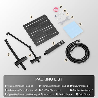All Metal 10" Shower Head with Handheld, Built-in Power Jet Mode | Luxurious, Square, Rain Shower Heads with Spray Combo Set, High Pressure, Dual, Rainfall, with Extension Arm, Matte Black