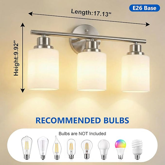 Unicozin 3 Light Bathroom Light Fixtures, Modern Vanity Lights with Milky Glass Shade, Brushed Nickel Wall Lamp Over Mirror for Bathroom, Living Room, Cabinet, Bedroom, E26 Base