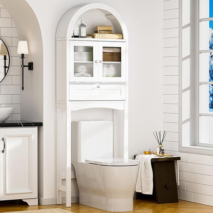 Spurgehom Over The Toilet Storage Cabinet with Glass Door (White) | Freestanding Bathroom Shelf Equipped with Anti-Tipping Device, Space-Saving Vertical Toiletries Storage Cabinet