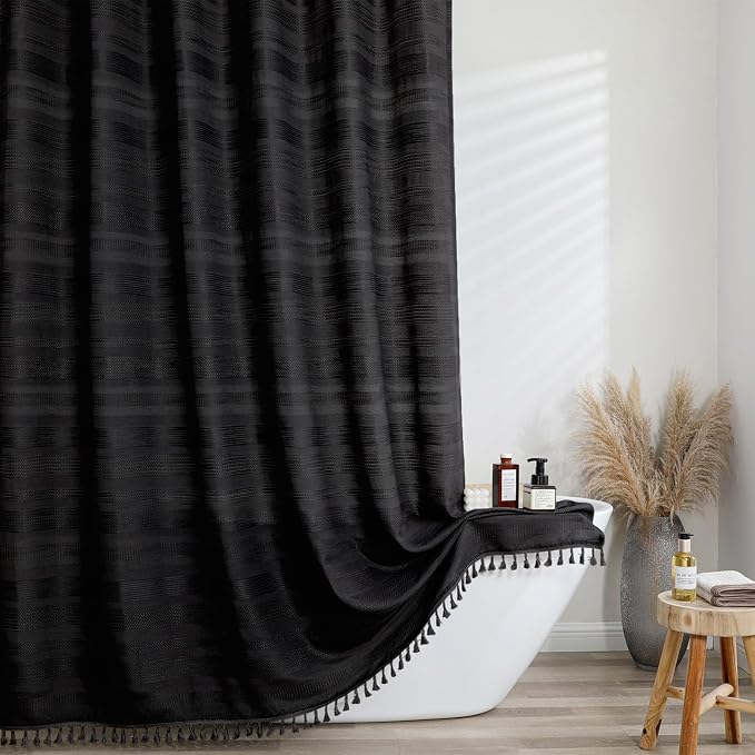 Extra Long Boho Stripe Shower Curtain 84 Inch Long, Modern Farmhouse Heavy Duty Linen Textured Soft Fabric, Rustic Country Cloth Shower Curtain with Tassel for Bathroom Hotel, 72Wx84L, Black
