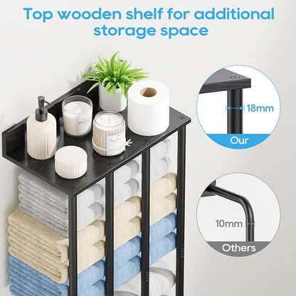 Wall Mounted 4-Bar Towel Rack with Wooden Shelf, Bathroom Storage Holder | Large Bathroom Towel Storage Rack for Rolled Towels, Modern Black Metal Towel Organizer Shelf with Wooden Storage Shelf