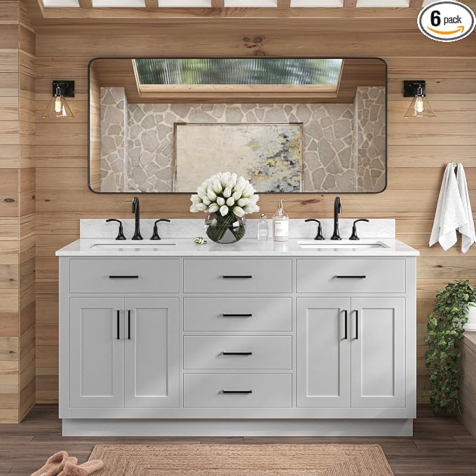 ARIEL Hepburn 66-inch Bathroom Vanity with Sink,Solid Wood, 0.75-inch Italian Carrara Marble Countertop, Double Rectangular Porcelain Sink, 4 Soft Closing Doors, 6 Dovetail Drawers, Grey