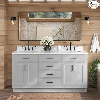 ARIEL Hepburn 66-inch Bathroom Vanity with Sink,Solid Wood, 0.75-inch Italian Carrara Marble Countertop, Double Rectangular Porcelain Sink, 4 Soft Closing Doors, 6 Dovetail Drawers, Grey