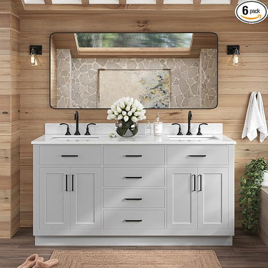 ARIEL Hepburn 66-inch Bathroom Vanity with Sink,Solid Wood, 0.75-inch Italian Carrara Marble Countertop, Double Rectangular Porcelain Sink, 4 Soft Closing Doors, 6 Dovetail Drawers, Grey