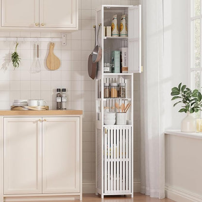 Amazer 70'' Tall Bathroom Storage Cabinet Bamboo, Slim Storage Cabinet with Rattan Door and Adjustable Shelves, Narrow Freestanding Organizer for Living Room Kitchen, White