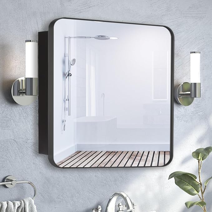 28’’x28’’ Medicine Cabinet,Metal Framed Medicine Cabinet Mirror with Round Corner,Recessed and Surface Mount Bathroom Mirror with Storage, Removeable Shelves,Dark Gray Frame