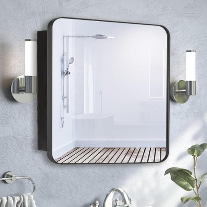28’’x28’’ Medicine Cabinet,Metal Framed Medicine Cabinet Mirror with Round Corner,Recessed and Surface Mount Bathroom Mirror with Storage, Removeable Shelves,Dark Gray Frame