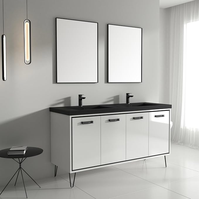 Dowell 61" Bathroom Sink,Double Bowl Vanity Basin,Rectangular Drop-In Bathroom Sink with Overflow,Black-000 6122BPBL