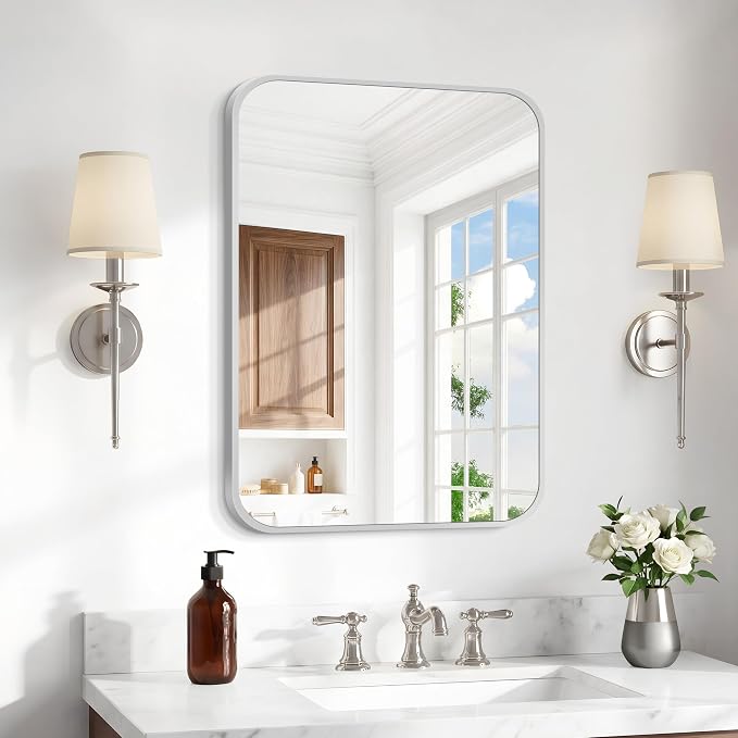 BONEWEI Silver Bathroom Mirror,18x24 inch Wall Mirror for Bathroom Wall Mounted,Rectangle Mirror for Bathroom Over Sink,Modern Frame Round Corner for Living Room,Bedroom Entryway,Horizontal/Vertical