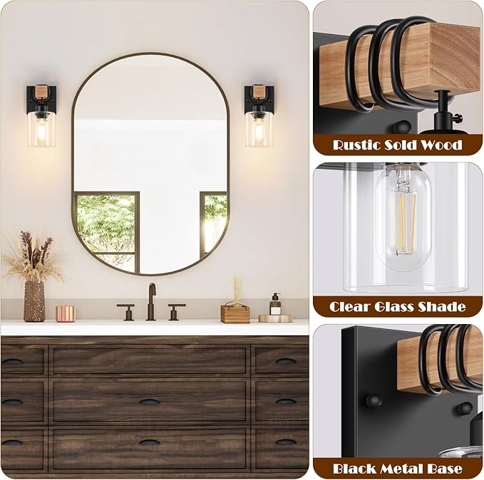 Set of 2 Wall Sconces for Bathroom, Farmhouse 1-Light Matte Black Bathroom Vanity Light with Clear Glass Shades, Indoor Wall Mount Lighting Fixtures for Bedroom Living Room Mirror Kitchen
