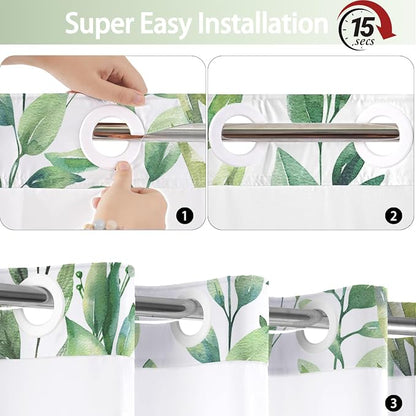 No Hook Shower Curtain and Liner Set, Mint Green Eucalyptus 71x74 | Floral Design, with Snap in Liner, Waterproof, Machine Washable, Quick-Drying, for Hotel Bathroom