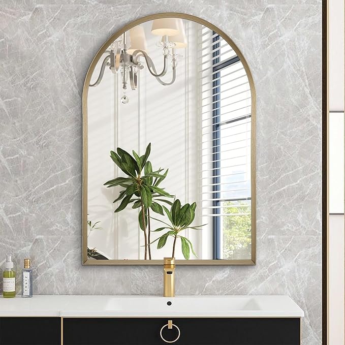 Bathroom Arched Wall Mirror Brushed Metal Vanity Wall Mounted Mirror for LivingRoom Bedroom Entryway Room Vanity Home Decor 28"x20"