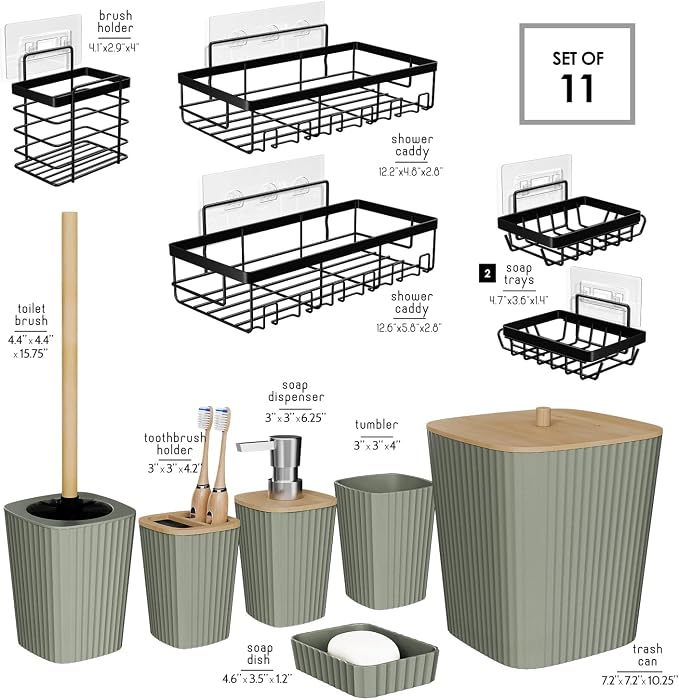 Clara Clark Bathroom Set - Sage Green Bathroom Accessories Set, 6PC Bathroom Accessory Set, Bathroom Sets with Adhesive Corner Shower Caddy Hanging, Toilet Brush, Trash Can & Soap Dispenser