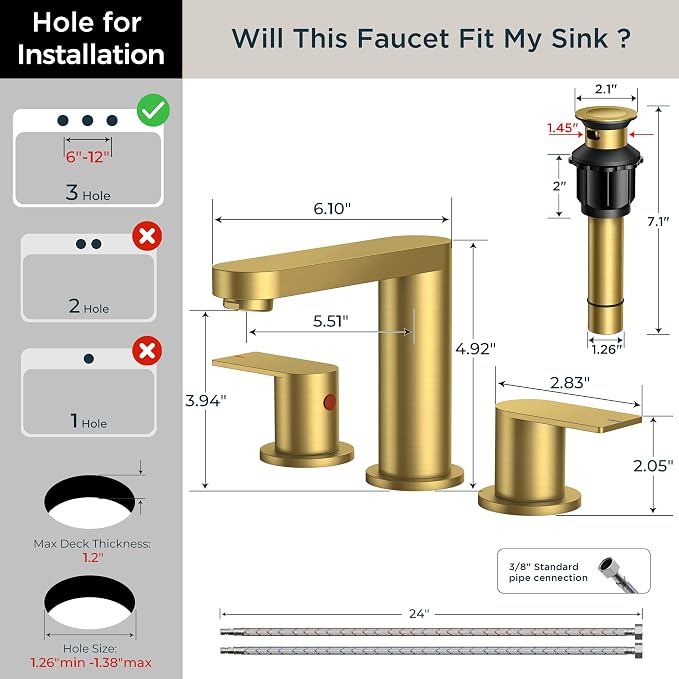 FORIOUS Bathroom Faucet 3 Hole 8 Inch Widespread for Vanity Brushed Gold | Two Handles Bathroom Sink Faucet with Pop-up Drain and cUPC Lines, Fits 6-12 Inch 3 Hole Install, for RV Laundry and Basin