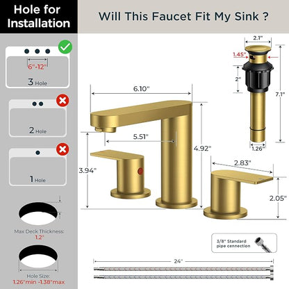 FORIOUS Bathroom Faucet 3 Hole 8 Inch Widespread for Vanity Brushed Gold | Two Handles Bathroom Sink Faucet with Pop-up Drain and cUPC Lines, Fits 6-12 Inch 3 Hole Install, for RV Laundry and Basin