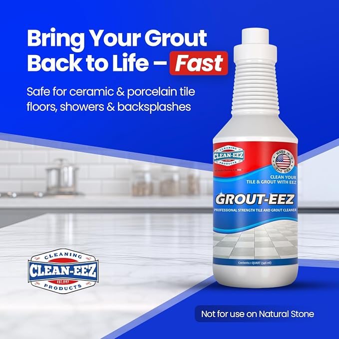 Clean-eez Grout Cleaner 4 Pack with Stand-Up Brush Attachment - Stain Remover Heavy-Duty Scrubber - Bathroom Shower Ceramic Porcelain Tile & Grout Only - Easy Control Flip Top Cap - 32 oz.