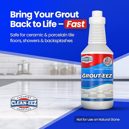 Clean-eez Grout Cleaner 4 Pack with Stand-Up Brush Attachment - Stain Remover Heavy-Duty Scrubber - Bathroom Shower Ceramic Porcelain Tile & Grout Only - Easy Control Flip Top Cap - 32 oz.