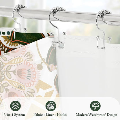3 in 1 Pink Floral Shower Curtain Set with PEVA Liner & 12 Hooks, 36 x 72 | Boho Tropical Botanical Style, Farmhouse Floral Fabric, Modern Hotel Inspired, Water‑Repellent, Machine Washable