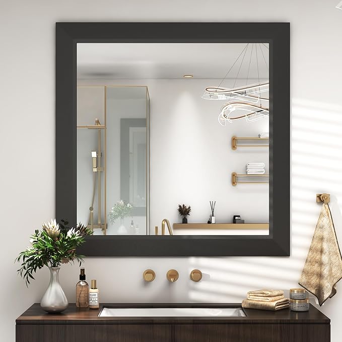 SMIROR 30x30 Matte Black Bathroom Vanity Mirror for Over Sink | Metal Wide Frame, Rectangle, Right- Angle Corner, Anti-Rust, Horizontally or Vertically Wall- Mounted for Home Remodel