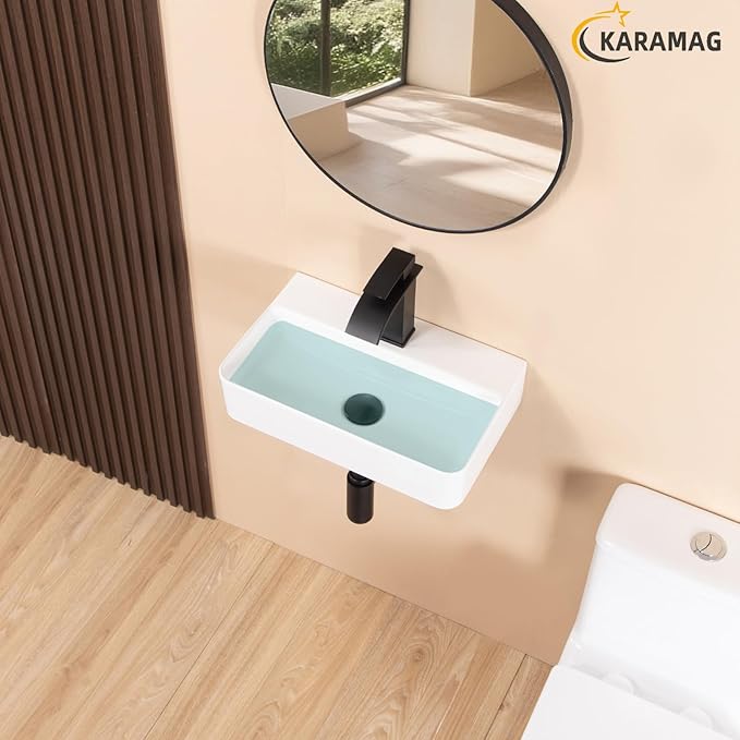 Small Vessel Sink 17.7"x11.2" Wall Mount Bathroom Sink Rectangular White Porcelain Ceramic Floating Tiny Bathroom Wall Mounted RV Sink