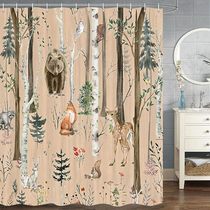JAWO Rustic Forest Shower Curtains, Lodge Cabin Woodsy RV Shower Curtain, Wildlife Animals Woodland Campers Camping Bathroom Set with Hooks, 72X78 Inch, Brown