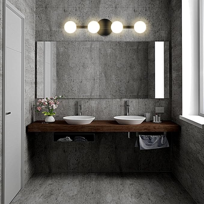 Lightdot 4 Light Bathroom Vanity Light, 26" Modern Black Vanity Lights with Globe Water/Shatterproof PC Lampshade, Rust-Proof Bathroom Light Fixtures Over Mirror for Kitchen Hallway Cabinet Porch