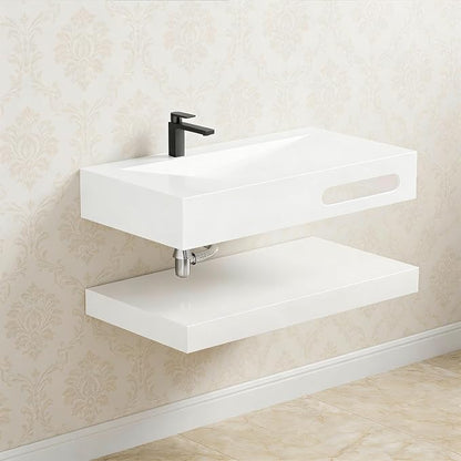 Wall-Mounted Resin Stone 32" Bathroom Sink, Seamless Integrated Vessel Sink with Sloped Design & Open Storage Shelf, Modern Floating Vanity for Bathrooms & Outdoor Spaces